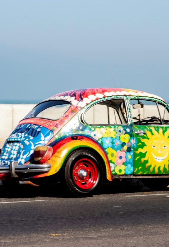 A colorful vintage Volkswagen Beetle with artistic paintwork parked by the ocean under a clear sky.